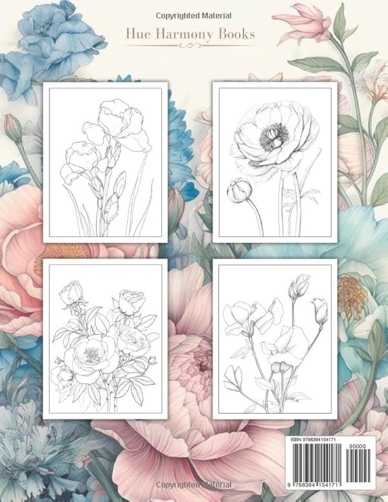 Back cover of Blossom Bliss showing four sample floral coloring pages